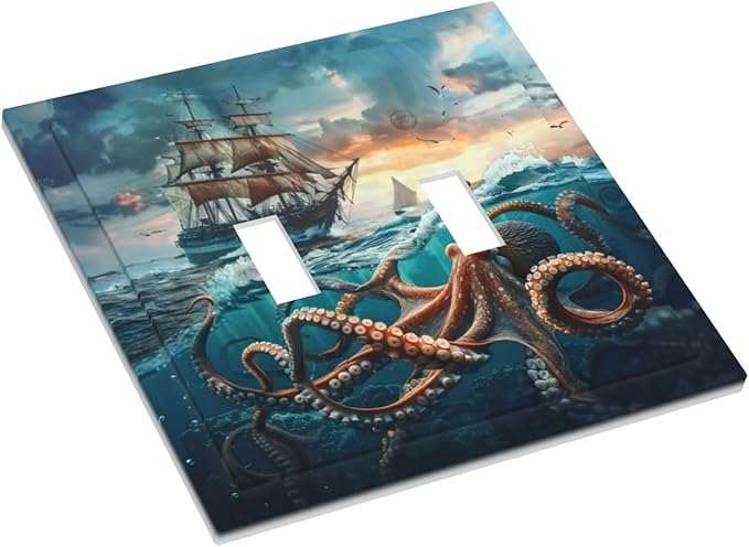 Light Switch Cover Plate Sailboat Ship Octopus Ocean Sea Waves 2 Gang Double Toggle Decorative Switch Plates Wall Plates Electrical Faceplate for Bathroom Bedroom Decor