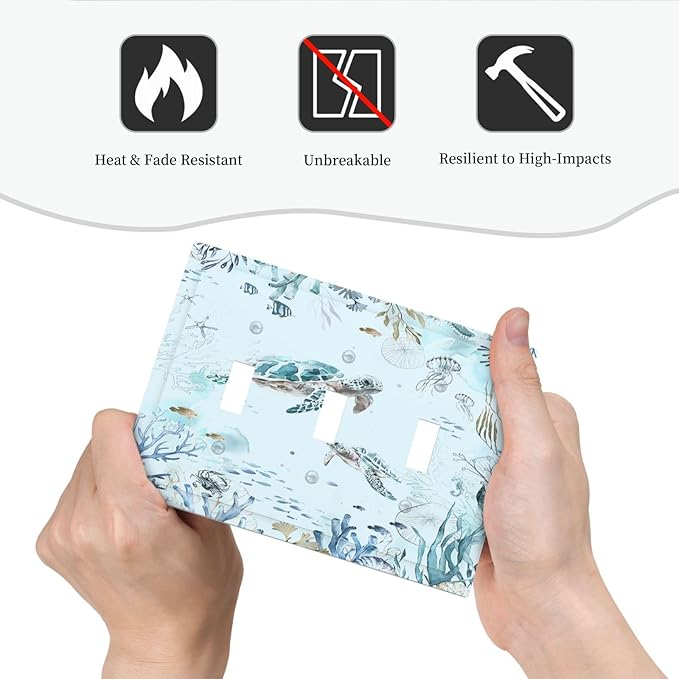 Decorative Switch Plates Teal Blue Ocean Sea Turtle Seabed Plants 3 Gang Wall Plate Faceplate Triple Toggle Light Switch Cover Electrical Wall Panels for Bathroom Kids room Decor