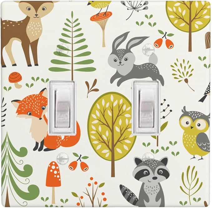 Woodland Animals 2-Gang Double Toggle Switch Plate, Forest Mushroom Wall Plate for Nursery, Kids Room, Playroom & Cabin