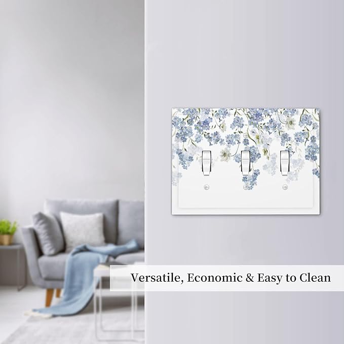 Hydrangea Blue Flowers Watercolor Floral Decorative Switch Plates 3 Gang Wall Plate Triple Toggle Light Switch Cover Faceplate Electrical Wall Panels for Bed Room Living Room Decor