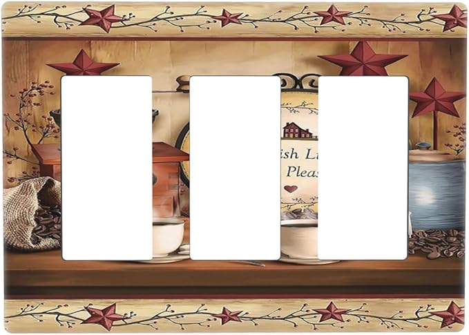 Barn Kitchen Cafe Coffee Texas Star Triple Decorator Light Switch Cover 3 Gang GFCI/Rocker Wallplate Decorative Electrical Faceplate Switchplate Dimmer Screwless