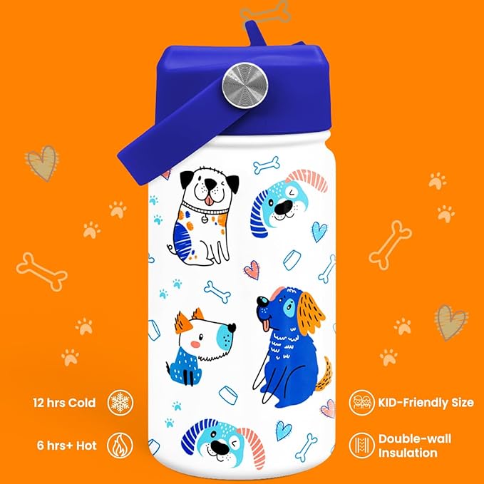 SANDJEST Dog Water Bottle - Kids Water Bottle with Straw Lid - 12 Oz Insulated Stainless Steel Water Bottles for Kid Boys - Travel Cup for School Sports