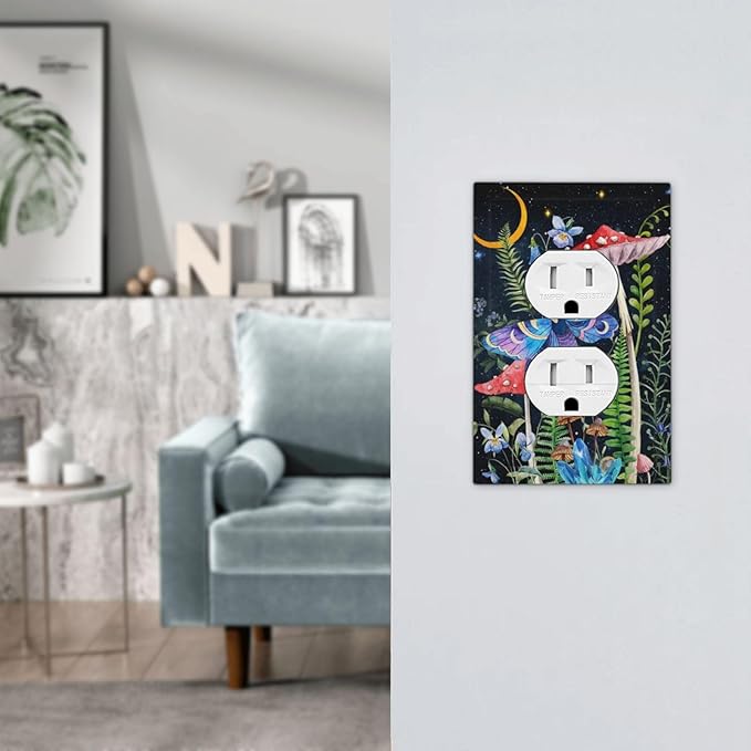 1 Gang Duplex Receptacle Outlet Cover Gothic Boho Hippie Butterfly Mushroom Plants Starry Moon Night Stars Botanical Moth Electrical Wall Plate One Gang Dual Device Light Switch Faceplate Socket Cover