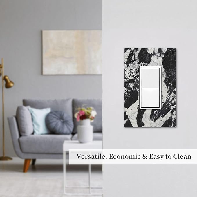 Black White Marble Abstract Luxury Decorative Outlet Covers 1 Gang Single Rocker Light Switch Cover Plate Wall Plates GFCI Faceplate for Bathroom Kitchen Decor