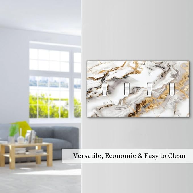 Luxurious Marble Abstract White Gold Tile Modern Simplicity Light Switch Covers Quad Toggle Electrical Faceplate 4 Gang Wall Plate Decorative Switch Plates Cover for Bathroom Kitchen Decor