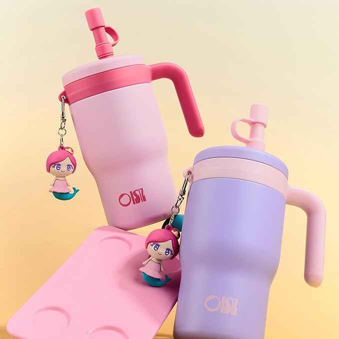 OISIZ 14oz Kids Tumbler with Straw Lid & Handle,Kids Cup with Animal Accessory for School,Kids Water Bottles with Dust-proof Cover,Leakproof Water Bottles,316 Stainless Steel,Keep Cold 24 Hours-pink