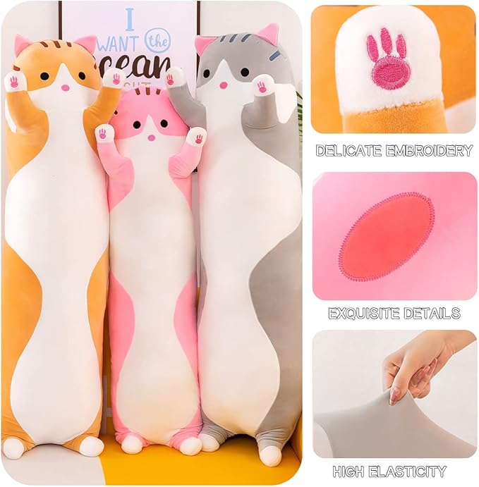 Giant Cat Pillow Plush Cartoon Kitty Sleeping Hugging Pillow, Cuddly Soft Long Kitten Body Pillow Doll Cat Cushion Toy for Kids Girlfriend (Pink, 150cm/59inch)