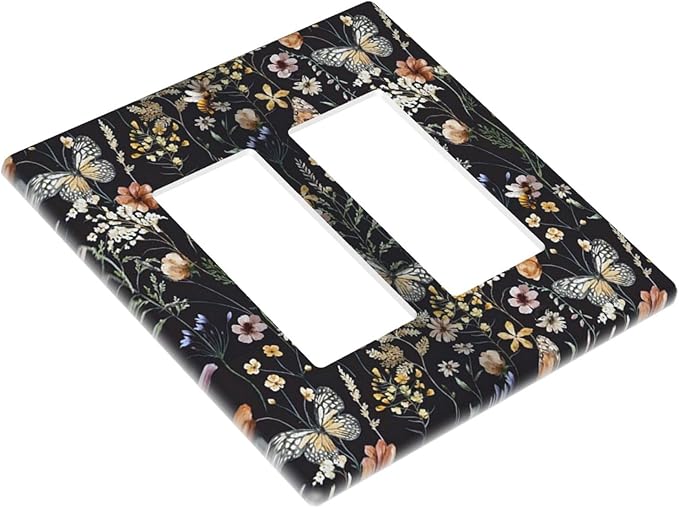 Vintage Flower Leaves Double Rocker Wall Plates Cute Bees 2 Gang Light Switch Cover Decorative Dark Backgrounds GFCI Electrical Switchplate Butterfly Dimmer Decor for Bedroom Kitchen Bathroom