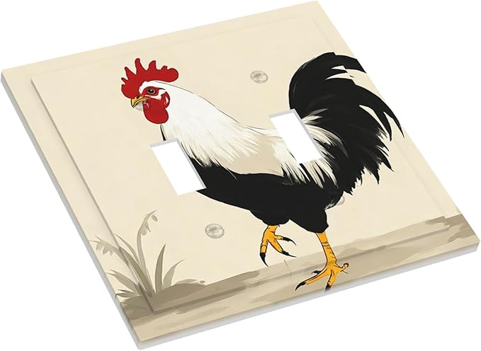Watercolor Rooster Double Toggle Switch Cover - 2-Gang Standard US Size Farmhouse Rooster Light Switch Covers for Kitchen Living Room Dining Room Decor