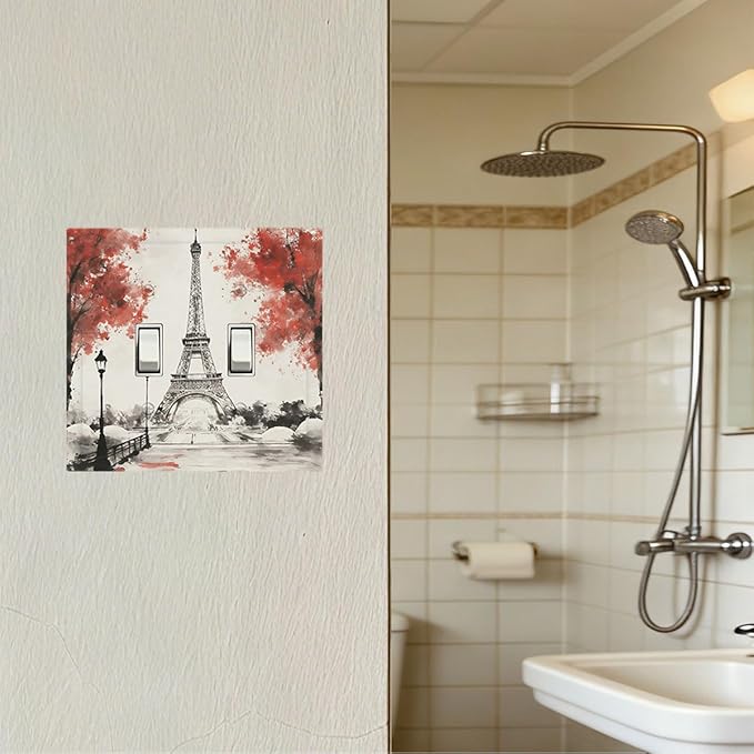 Parisian Watercolor Eiffel Tower Double Toggle Switch Cover - 2-Gang Standard US Size Paris Cherry Blossoms Romantic Light Switch Covers, Vintage French Watercolor for Bedroom Decor
