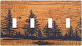 Decorative 4 Gang Quad Toggle Light Switch Cover Retro Forest Pine Tree Jungle Woodland Woods Brown Wood Lodge Wooden Style Electrical Four Device Decorator Wall Plate Standard Size Outlet Covers