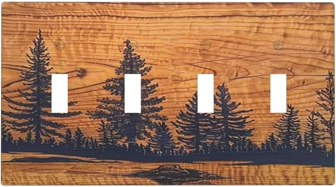 Decorative 4 Gang Quad Toggle Light Switch Cover Retro Forest Pine Tree Jungle Woodland Woods Brown Wood Lodge Wooden Style Electrical Four Device Decorator Wall Plate Standard Size Outlet Covers