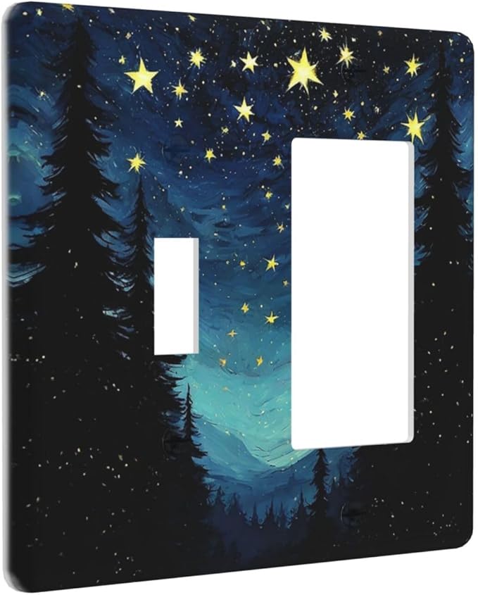 Outlet Covers Blue Starry Sky Forest Painted Star Pine Tree Oil Painting 1 Toggle 1 Rocker Combination Decorative Wall Plate Light Switch Cover Plate Electrical Switch Plates for Bedroom