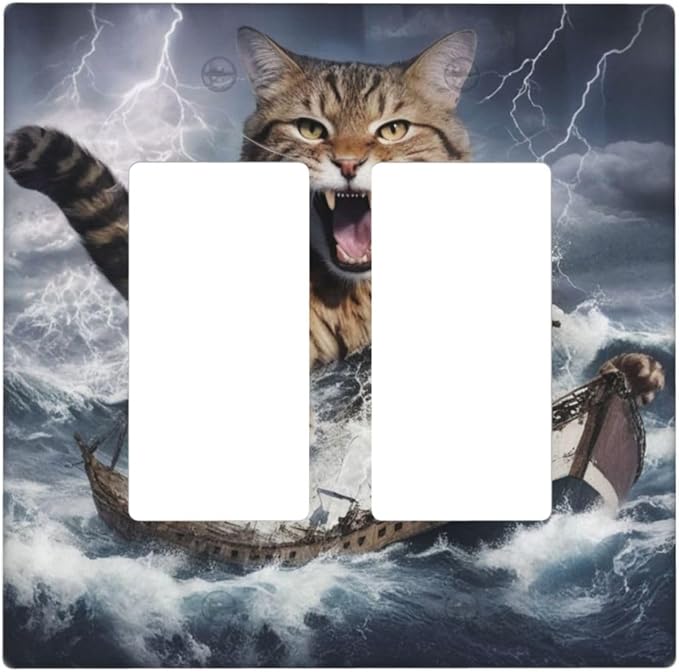 Decorative Outlet Covers Funny Cat Sea Ship Ocean Billow Wave Novelty 2 Gang Wall Plate Double Rocker Switch Light Switch Plate Covers Jumbo Dual Electrical GFCI Switch Cover Plate
