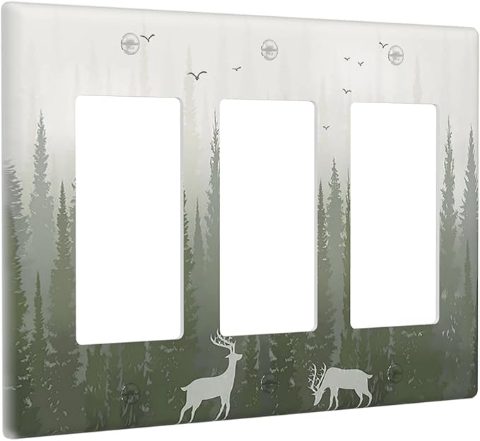 Green Pine Tree Deer Country forest Bird Nature Mist Light Switch Covers 3 Gang Rocker Decorative Triple Outlet Wall Plate Cover Switchplate Electrical Gfci for Bedroom Home Decor