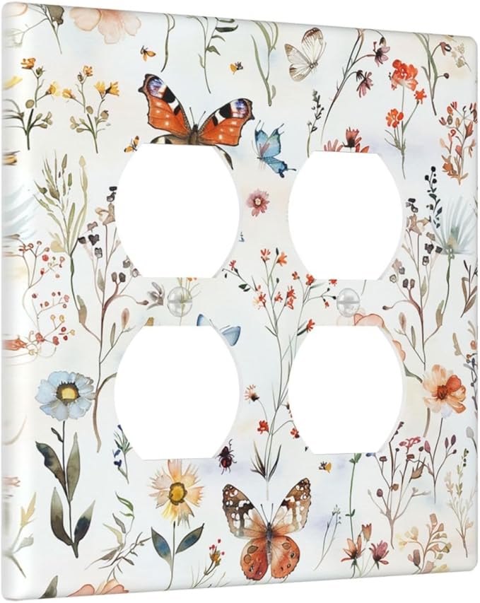 Outlet Covers Butterfly Floral Boho Multicolor Flower Leave 2 Gang Double Duplex Decorative Light Switch Covers Electrical Wallplates Socket Faceplate for Bed Room living Room Decor
