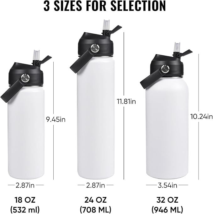 Fijinhom 24oz Insulated Stainless Steel Water Bottle, Wide Mouth Double Wall Vacuum, Silicone Straw, Sweat & Leak Proof, BPA Free Insulated Water Flask for Travel, Keep Cold 24h Hot 12h, White