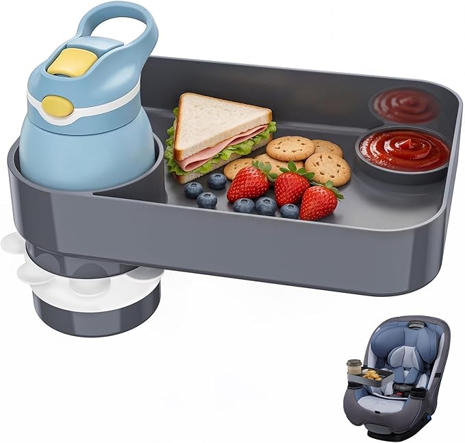 Kids Car Seat Tray, Travel Tray with Cup Holder for Toddler Baby, Kids Car Seat Food Snack Organizer for Road Trip, Stroller Snack Organizer Travel Must Haves Toddler Must Haves (Dark Gray, 1PCS)