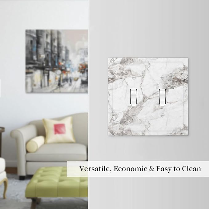 White And Gray Marble Patterns Texture Abstract Print Decorative Switch Plates 2 Gang Double Toggle Outlet Light Switch Cover Wall Plate Electrical Faceplate for Bathroom Kitchen Decor