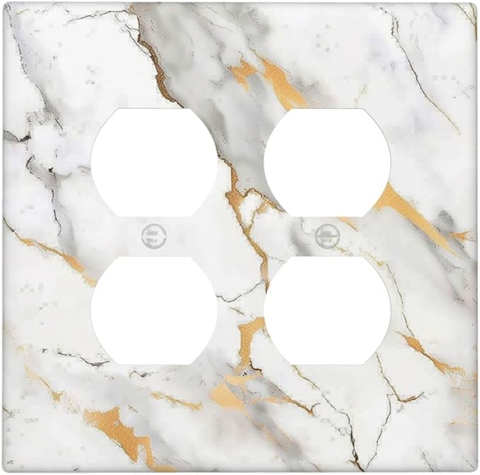 Outlet Covers Marbling Style White Background Gold Gray Stripes 2 Gang Double Duplex Decorative Light Switch Covers Electrical Wallplates Socket Faceplate For Bathroom Kitchen Decor