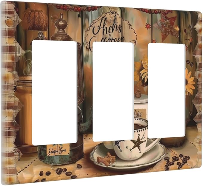 Decorative Outlet Covers Vintage Coffee Pot Star Farmhouse Wood Plank 3 Gang Wall Plate Triple Rocker Decora Light Switch Cover Plate Jumbo Electrical GFCI Switch Plate Cover