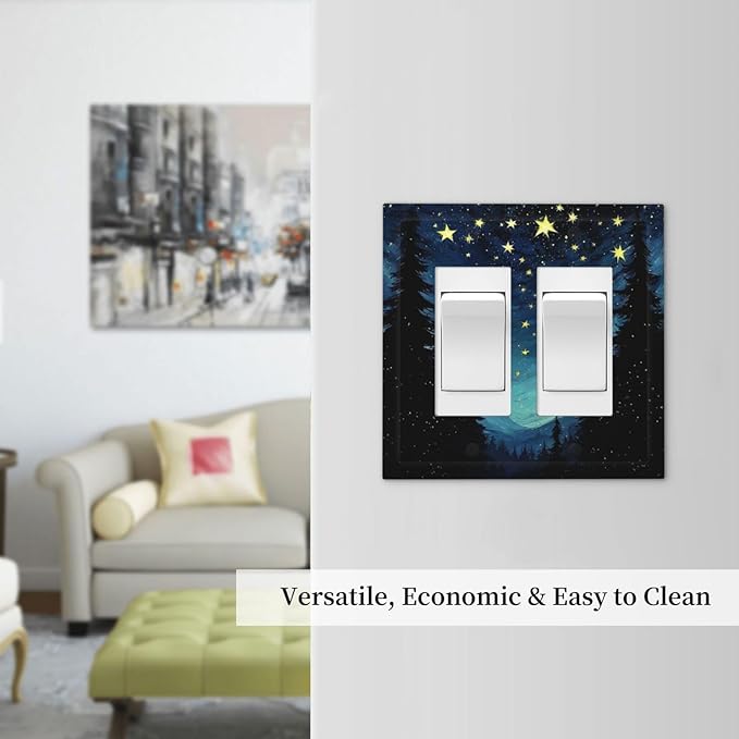 Decorative Outlet Covers Blue Starry Sky Forest Painted Star Pine Tree Oil Painting 2 Gang Double GFCI Rocker Electrical Wall Panels Light Switch Cover Plate for Bedroom Cabin Decor