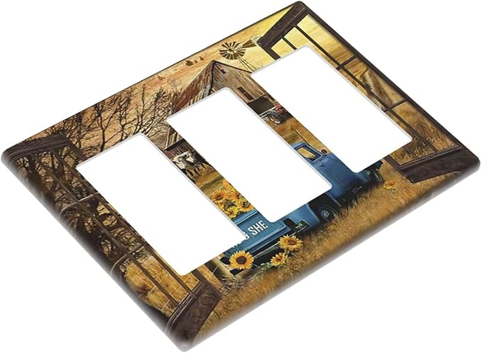 Fall Western Farmhouse Cow 3 Gang Rocker Light Switch Plate Barn door Blue Truck Triple Decora Outlet Wall Cover Faceplate Decorative Wallplate for Bathroom Home Living Room Bedroom Decorate