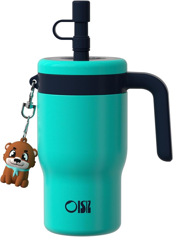 OISIZ 14oz Kids Tumbler with Straw Lid & Handle,Kids Cup with Animal Accessory for School,Kids Water Bottles with Dust-proof Cover,Leakproof Bottles,316 Stainless Steel,Keep Cold 24 Hours-dark green