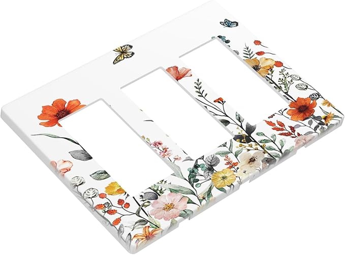 Colorful Butterfly Blossom Flower Floral Triple Decorator Light Switch Cover 3 Gang GFCI/Rocker Wallplate Decorative Electrical Faceplate Switchplate Dimmer Screwless