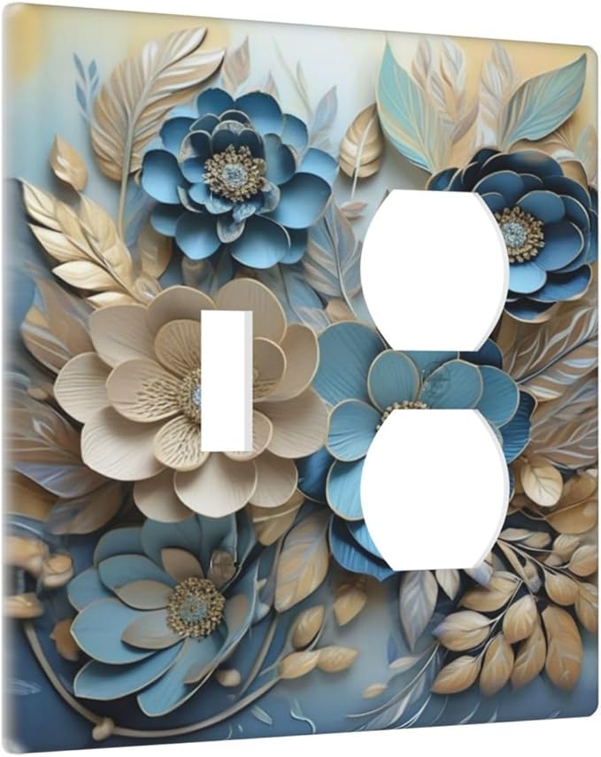 Decorative Art Light Switch Covers Blue and Creamy Floral 2 Gang Single Toggle Duplex Combination Electrical Faceplate Switchplate Wall Plate for Home Decor
