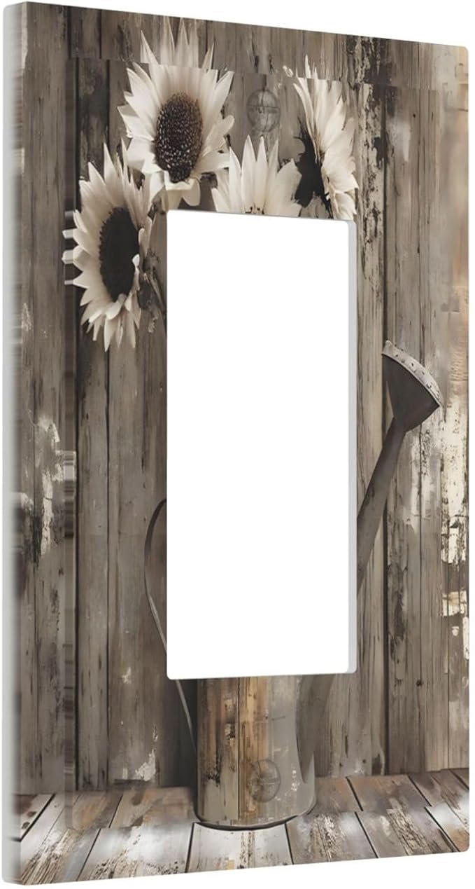 Rustic Floral Country Sunflower Daisy Old Wooden Boards Decorative Outlet Covers 1 Gang Single Rocker Light Switch Cover Plate Wall Plates GFCI Faceplate for Farmhouse Home Decor