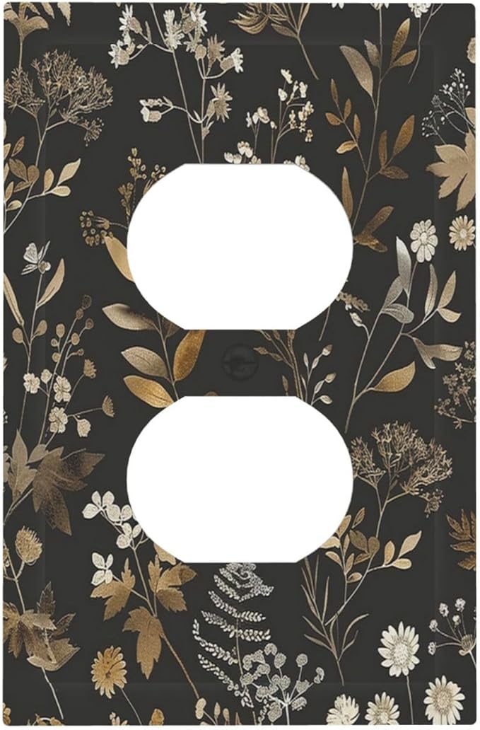 Outlet Covers Black Gold Floral Dark Leaves Vintage Flowers 1 Gang Duplex Light Switch Cover Decorative Switch Plates Electrical Receptacle Faceplate Wall Plate for Bed Room Home Decor