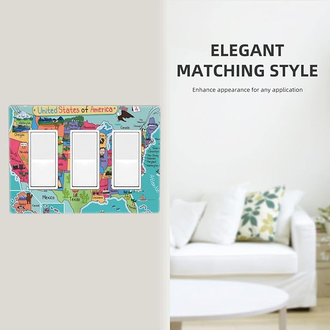 American Map 3 Gang Triple Rocker/Decor Light Switch Wall Plate Cover Decorative Electrical Faceplate for Kids Living Room Bedroom Decor Screwless 6.57" x 4.65