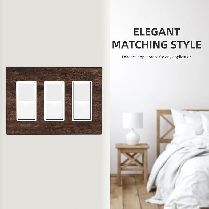Decorative Light Switch Plate with Rustic Dark Wood Grain & Vintage Style Design 3 Gang Outlet Covers Triple Rocker Wall Plate Switch Plate Cover for Kitchen/Living Room