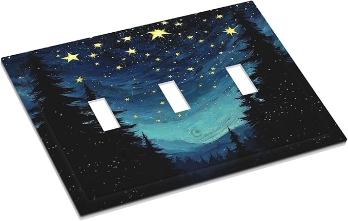 Decorative Switch Plates Blue Starry Sky Forest Painted Star Pine Tree Oil Painting 3 Gang Wall Plate Faceplate Triple Toggle Light Switch Cover Electrical Wall Panels for Bedroom Cabin