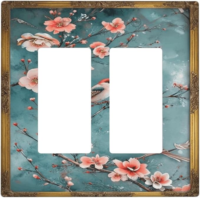 Decorative Art Light Switch Covers Birds on Branches 2 Gang Dual Rocker Outlet Switch plate Faceplate GFCI for Home Decor