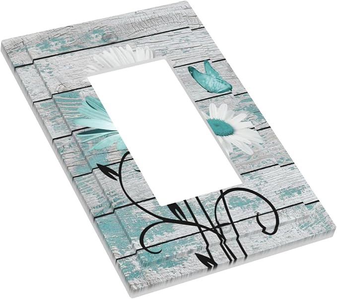 Teal White Daisy Flower Butterfly On Rustic Wood Board Decorative Outlet Covers 1 Gang Single Rocker Light Switch Cover Plate Wall Plates GFCI Faceplate for Farmhouse Bedroom Decor
