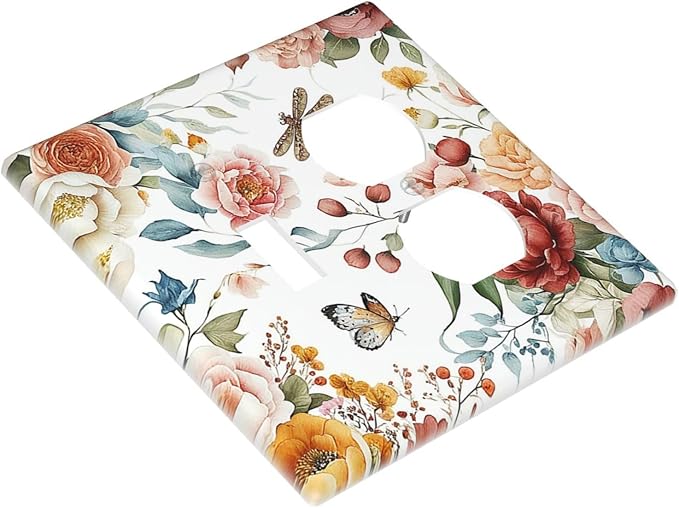 Rustic Style Colorful Peony Butterfly Dragonfly Wallplates 1 Toggle 1 Duplex Electrical Gfci Faceplate Decorative Light Switch Covers Switch Plate for Bedroom Living Room Decor