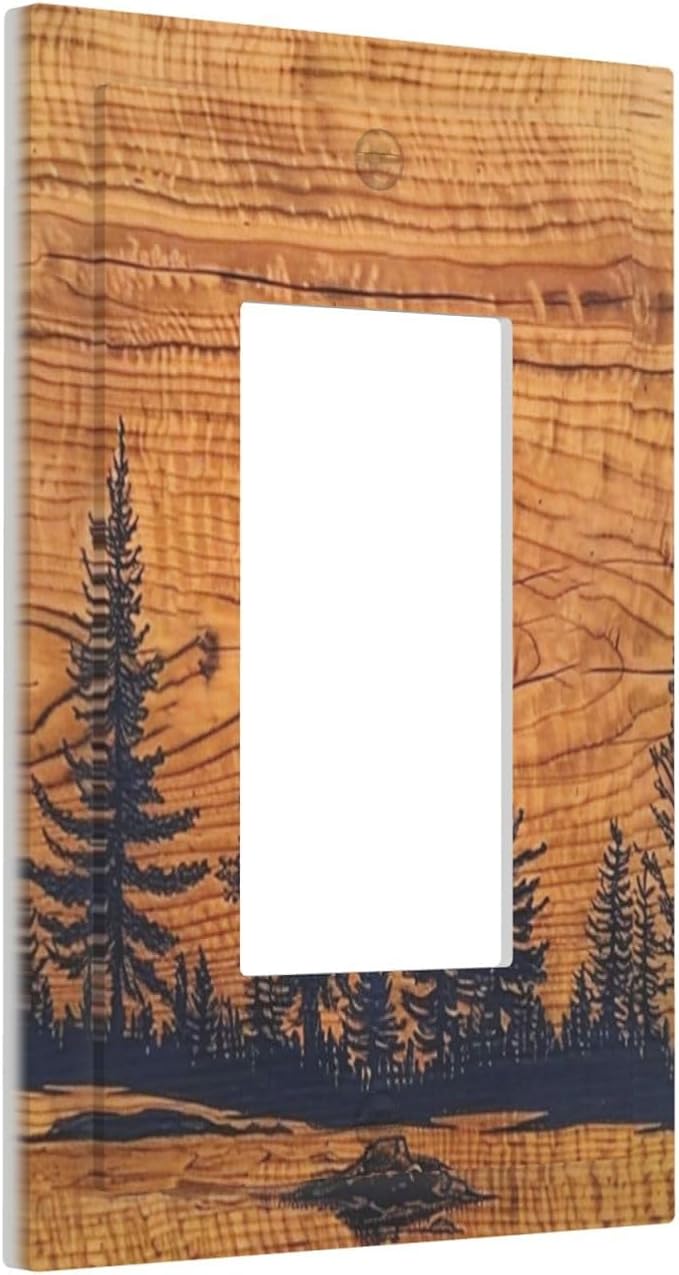 Pine Tree Forest Woodland Woods 1 Gang Single Decorator Receptacle Wall Plate Vintage Rustic Country Lodge Wooden Style Rocker/GFCI Device Light Switches Face Plug Cover Plate for Dimmers, USB Outlet
