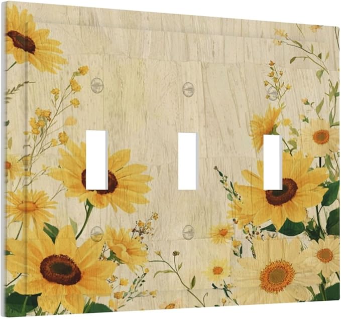Decorative Switch Plate Cover with Vintage Botanical Sunflower Field Design 3 Gang Artistic Wall Plate Unique Triple Toggle Light Switch Covers for Nature Yellow Blooms Wall Decor
