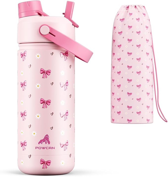 18 oz Insulated Water Bottle for Girls: 2-in-1 Straw Spout Lid, Leakproof, BPA-Free, Easy Carry, Keep Cold 24H, Cute Patterns, Kids Stainless Steel Cup for School, Travel, Holiday Gift (Bow Crush)