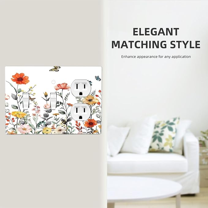 Colorful Butterfly Blossom Flower Floral 3-Gang 2-Toggle 1-Duplex Receptacle Combination Light Switch Decorative Triple Combo Device Switches/Rocker Outlet Covers and Wall Plate