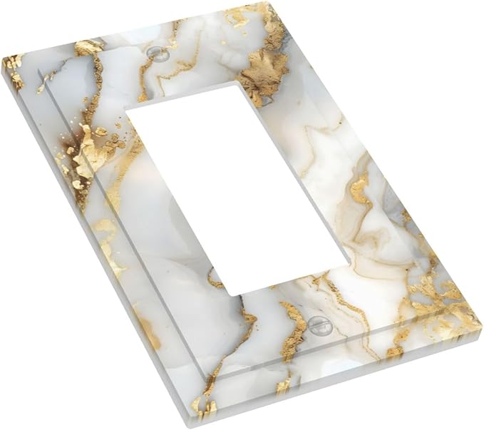 Luxurious White Gold Marble Patterns Abstract Decorative Outlet Covers 1 Gang Single Rocker Light Switch Cover Plate Wall Plates GFCI Faceplate for Bathroom Kitchen Decor