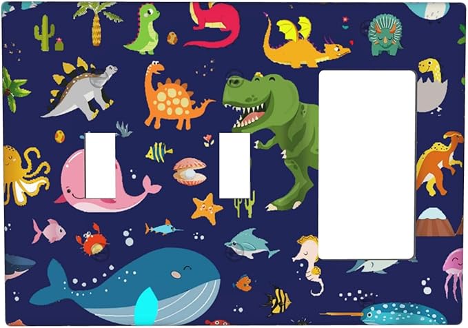 Cute Blue Dinosaur 3-Gang Combination Double Toggle/Single Decorator Outlet Wall Plate Cartoon Ocean Dolphin Animal Boys Kids Whale Electric Decorative 2-Toggle 1-Rocker/GFCI Combo Light Switch Cover