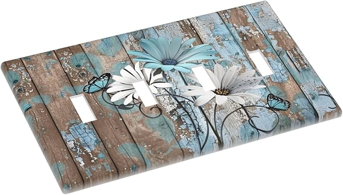 Light Switch Covers Rustic Flower Teal Turquoise Daisy Butterfly Quad Toggle Electrical Faceplate 4 Gang Wall Plate Decorative Switch Plates For Farmhouse Cabin Decor