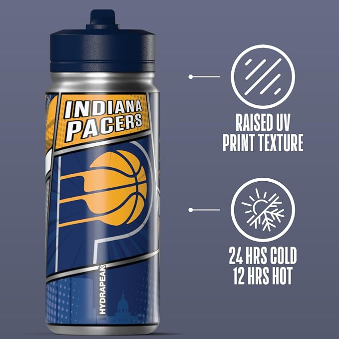 Hydrapeak x NBA Indiana Pacers 20 oz Stainless Steel Water Bottle, Officially Licensed Double Wall Insulated Sports Bottle with Straw Lid, Reusable Leakproof Gift for Kids & Adults