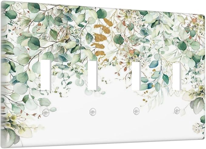Gold Green Eucalyptus Leaves Plants Flowers Floral Light Switch Covers Quad Toggle Electrical Faceplate 4 Gang Wall Plate Decorative Switch Plates Cover for Bedroom Living Room Decor