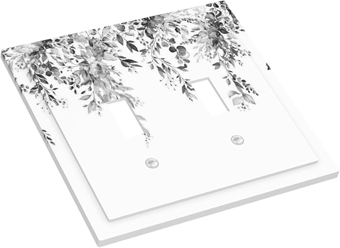 Decorative Switch Plates Grey Floral Plant Eucalyptus Leaf Flower 2 Gang Double Toggle Outlet Light Switch Cover Wall Plate Electrical Faceplate For Bed Room Living Room Decor
