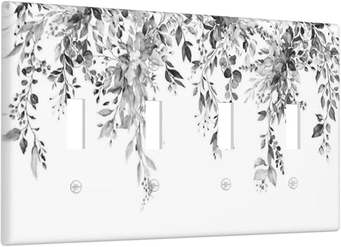 Light Switch Covers Grey Floral Plant Eucalyptus Leaf Flower Quad Toggle Electrical Faceplate 4 Gang Wall Plate Decorative Switch Plates For Bed Room Living Room Decor