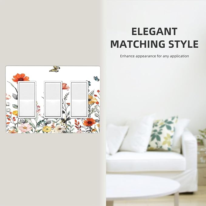Colorful Butterfly Blossom Flower Floral Triple Decorator Light Switch Cover 3 Gang GFCI/Rocker Wallplate Decorative Electrical Faceplate Switchplate Dimmer Screwless